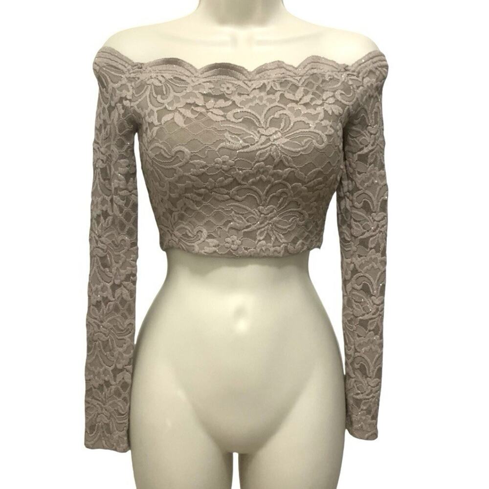 City Studio Beige Glitter Lace Off-Shoulder Long-Sleeve Crop Top Size 0 Padded